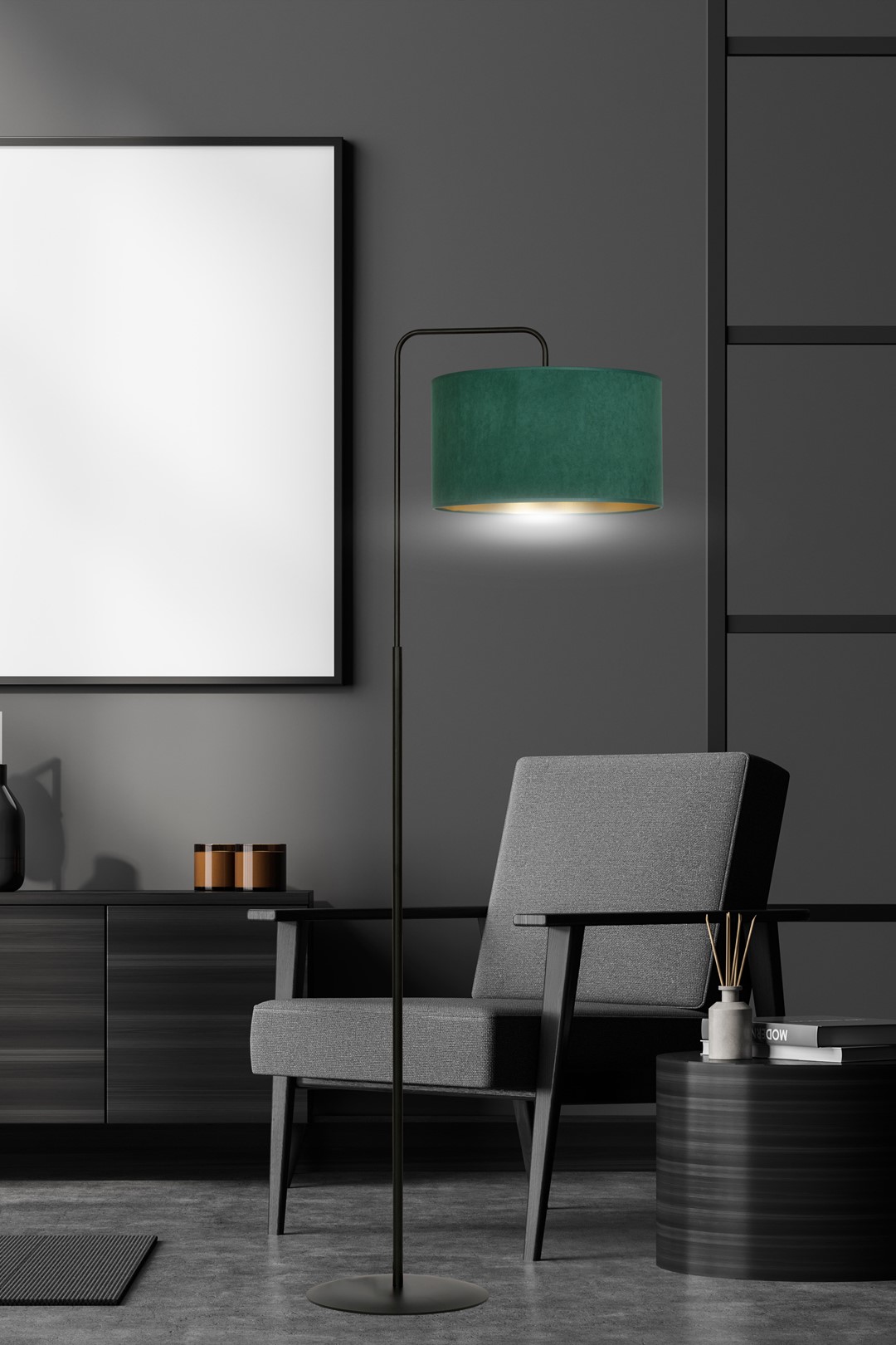 Emibig Podna lampa HILDE 230V 15W MAX LED E27 Čelik/ Tkanina Crno/Zelena - Slika 5